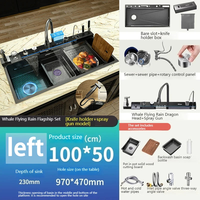 Kitchen Sink Stainless Steel Waterfall Sinks Extra Large Single Slot with Digital Display Faucet Set For kitchen