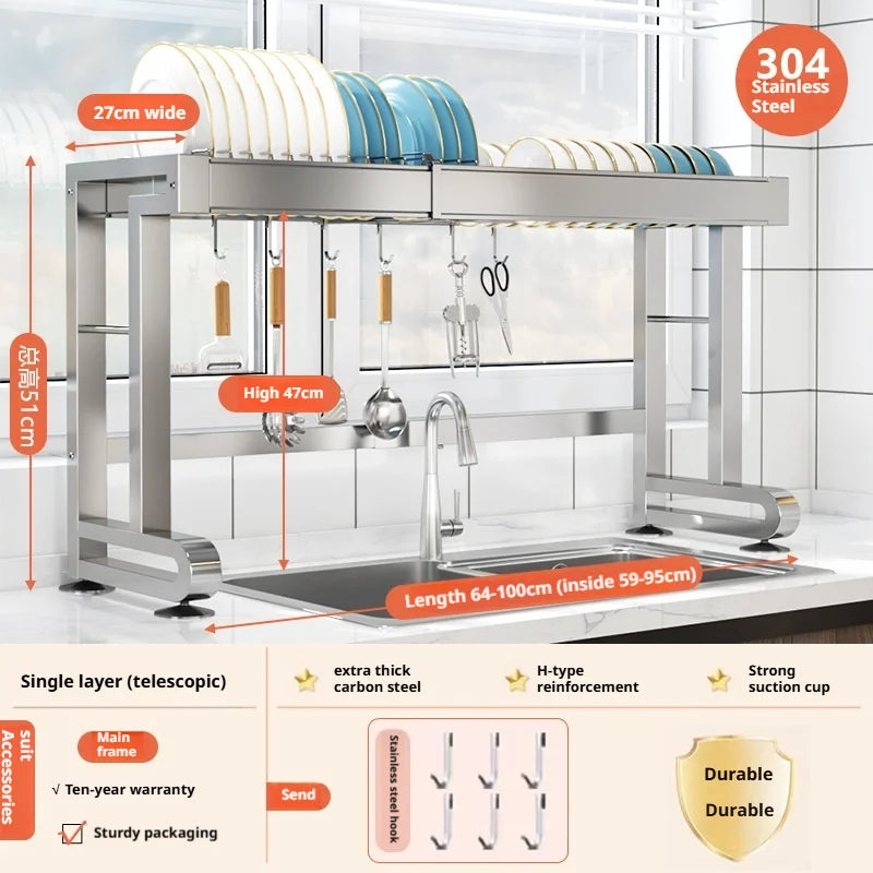 Over Sink Dish Drying Rack Stainless Steel Expandable Drain Bowl Holder Shelf Kitchen Counter Dish Storage Rack Hanger Shelves