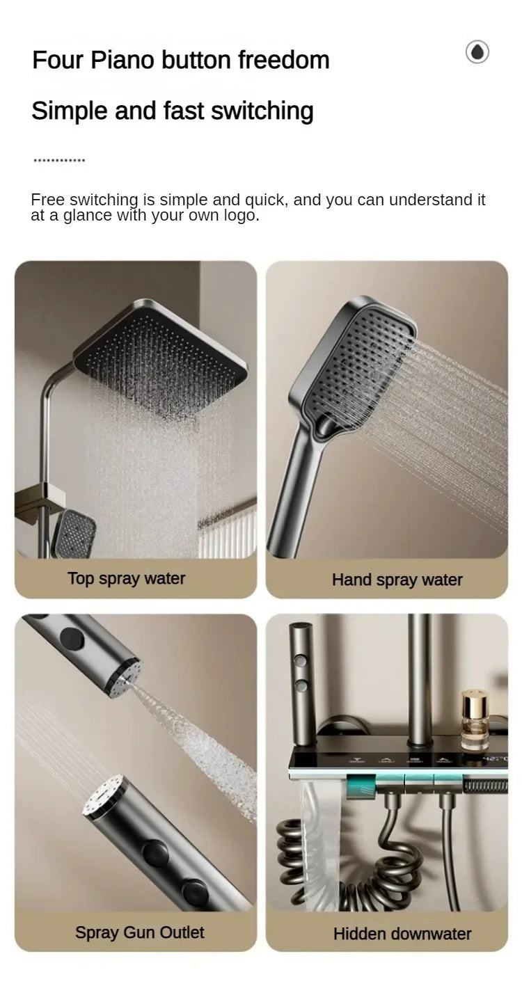 Grey shower Set Four-Function Smart Digital Display  Shower System Rainfall Pressurized Wall-mounted Piano Key Shower Faucet Set