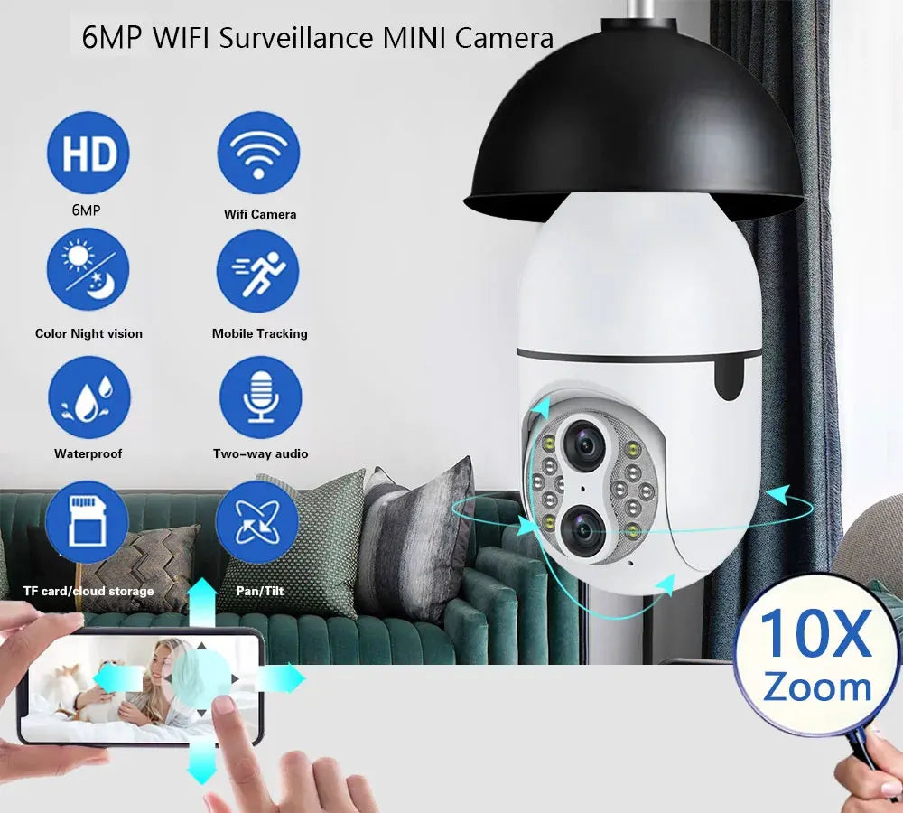 IPC360 6MP 3K Dual Lens Wireless Security Camera Auto Tracking 10X Digital Zoom 360° Panoramic WiFi PTZ IP E27 Light Bulb Camera