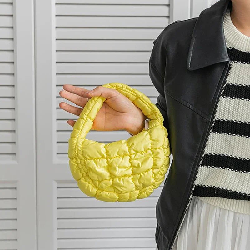 Candy bag Fashion Mini Puffer Tote Bag Quilted Circle Phone Purse  Elegant  Soft Nylon Padded Key Pouch Simple Trend Handbag