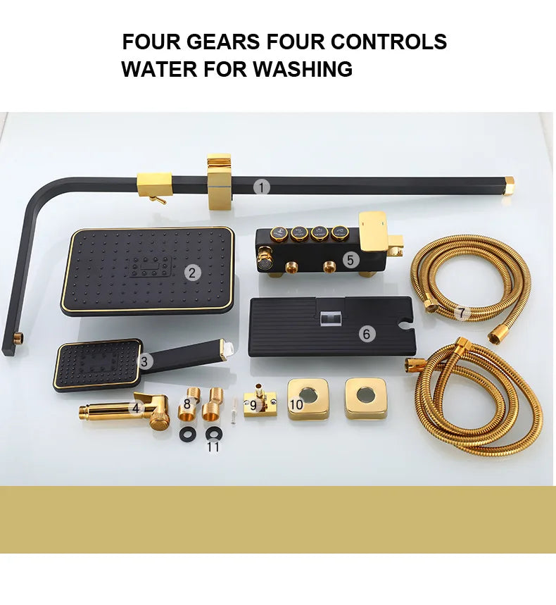 KEMAIDI Black Gold Shower Faucet Set Bathtub  4-way Mixer  Tap with Bidet and Shelf  Bathroom Rainfall Shower Systerm Wall Mount