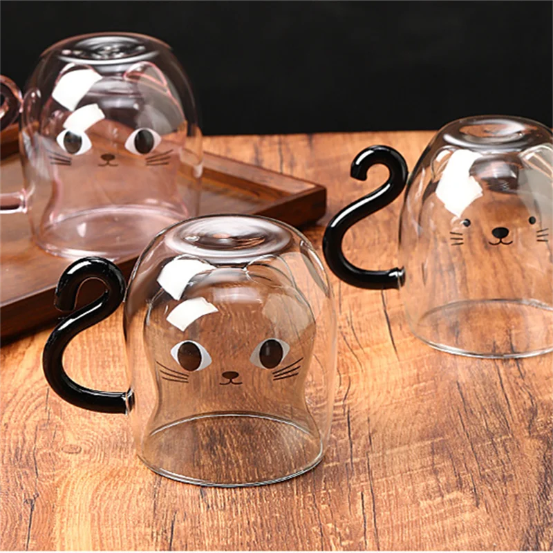 Creative Cute Cat Double-layer Coffee Mug Cartoon Couple Teacup Insulated Glass Mugs With Handle Household Office Drinkware