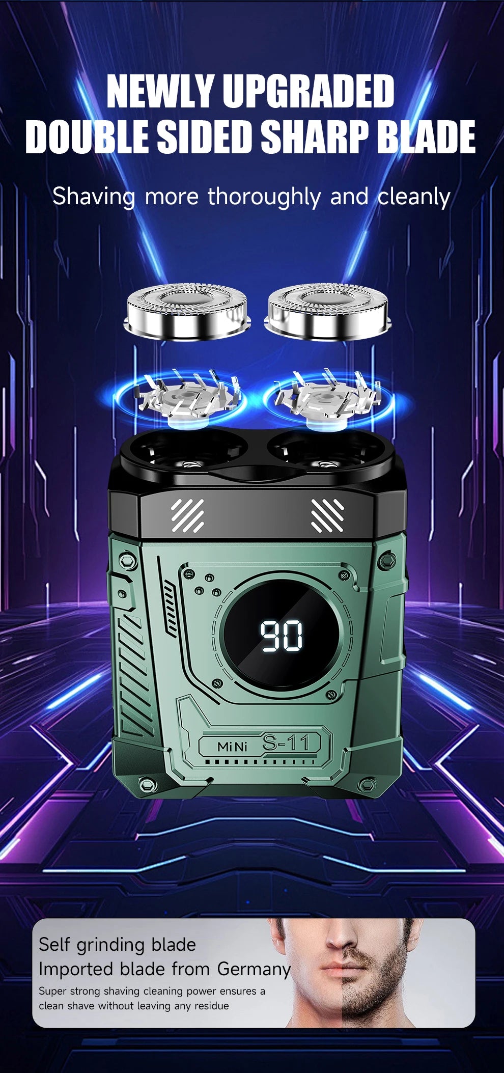 Magnetic Double Blade Electric Shaver for Men Mecha Punk Style Rechargeable LCD Portable Beard Trimmer Face Beard Razor Knife