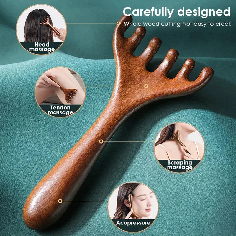 Natural Sandalwood Massage Comb Six-Claw Head Acupoint Massage Gua Sha Tool Neck Face Lifting Scraping Massager