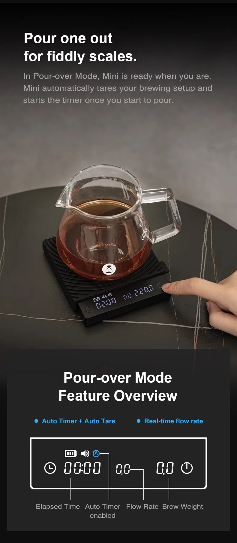 TIMEMORE Black Mirror MINI 0.1g Coffee Scale Espresso And Measurement Flow Rate LED Screen Barista Scales Kitchen