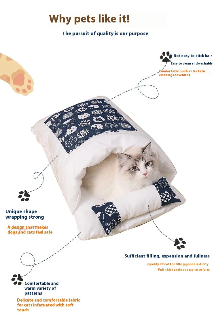 Japanese style cat sleeping bag, washable, semi enclosed cat bed, warm cat bed, winter cat house, cat bed
