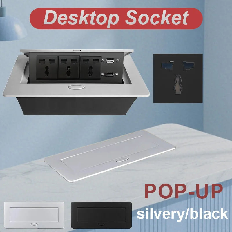 Multifunctional EU US American Pop-Up Socket Metal Panel Desktop Socket Meeting Charge Station for Laptop Phone