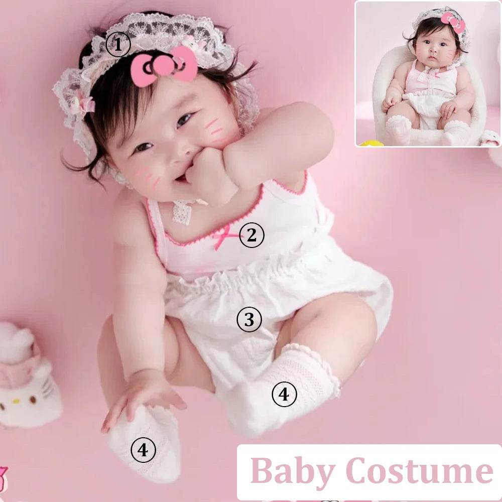 Cute Pink Cartoon Theme 3-4 Month Baby Photography Clothing Kit Kt Cat Doll Studio 100 Days Baby Girl Art Photo Props Accessory