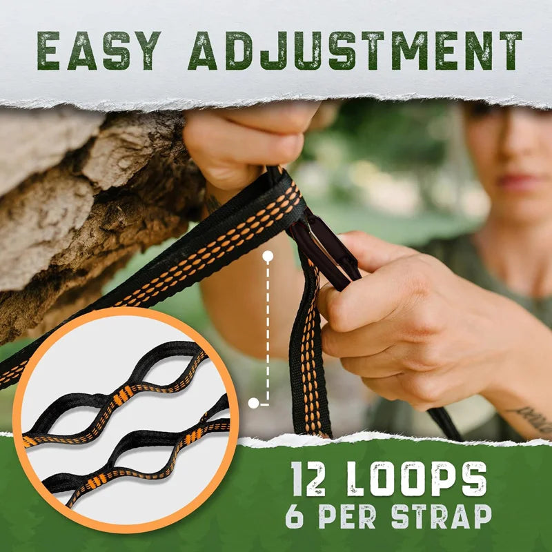 Outdoor hammock straps with more adjustable loops and ultra-length outdoor hammock straps and belts with 7075 alloy aluminum