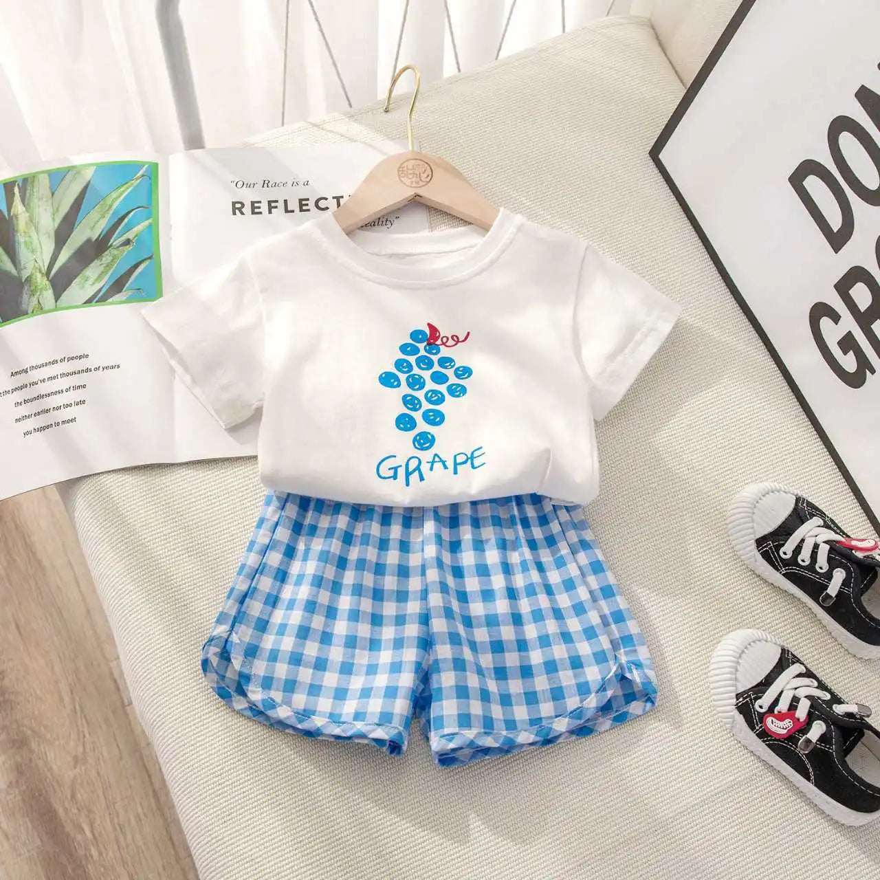 Children's Sets 2-piece Short-sleeved Round Neck Top+plaid Shorts Fruit Lemon Grape Cartoon Design Outer Wear Casual Summer