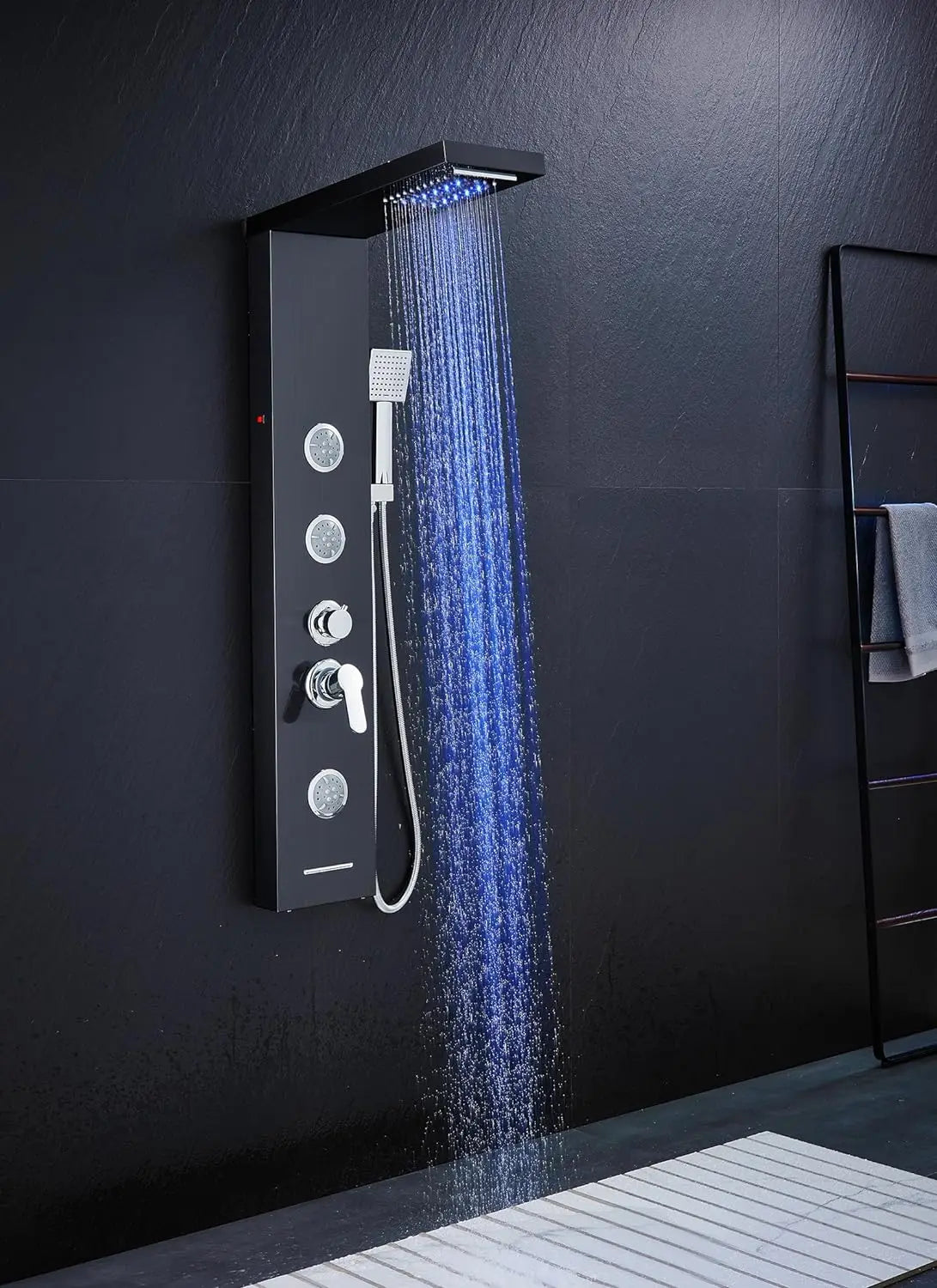 KEMAIDI LED Shower Panel Tower System with Rainfall Waterfall Shower Black Shower Panels with Jets and Rainfall and Handheld
