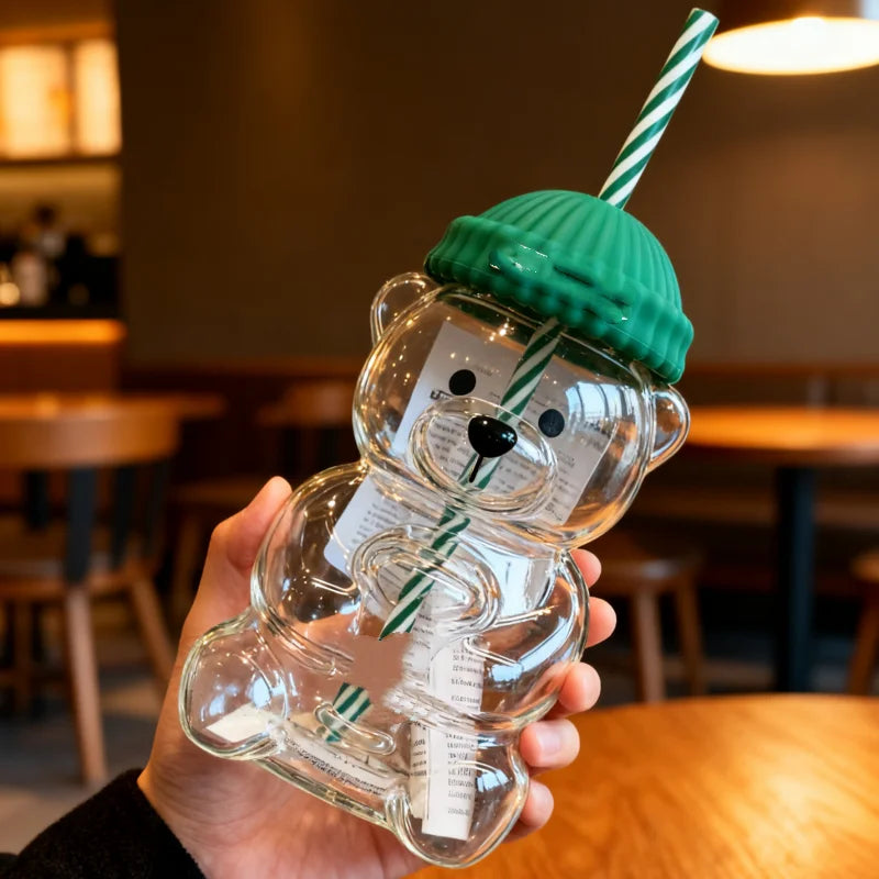 "Barista Bear Tumbler: Clear Bear Straw Cup, Perfect for Hot & Cold Drinks – The Cutest New Drinkware Trend"