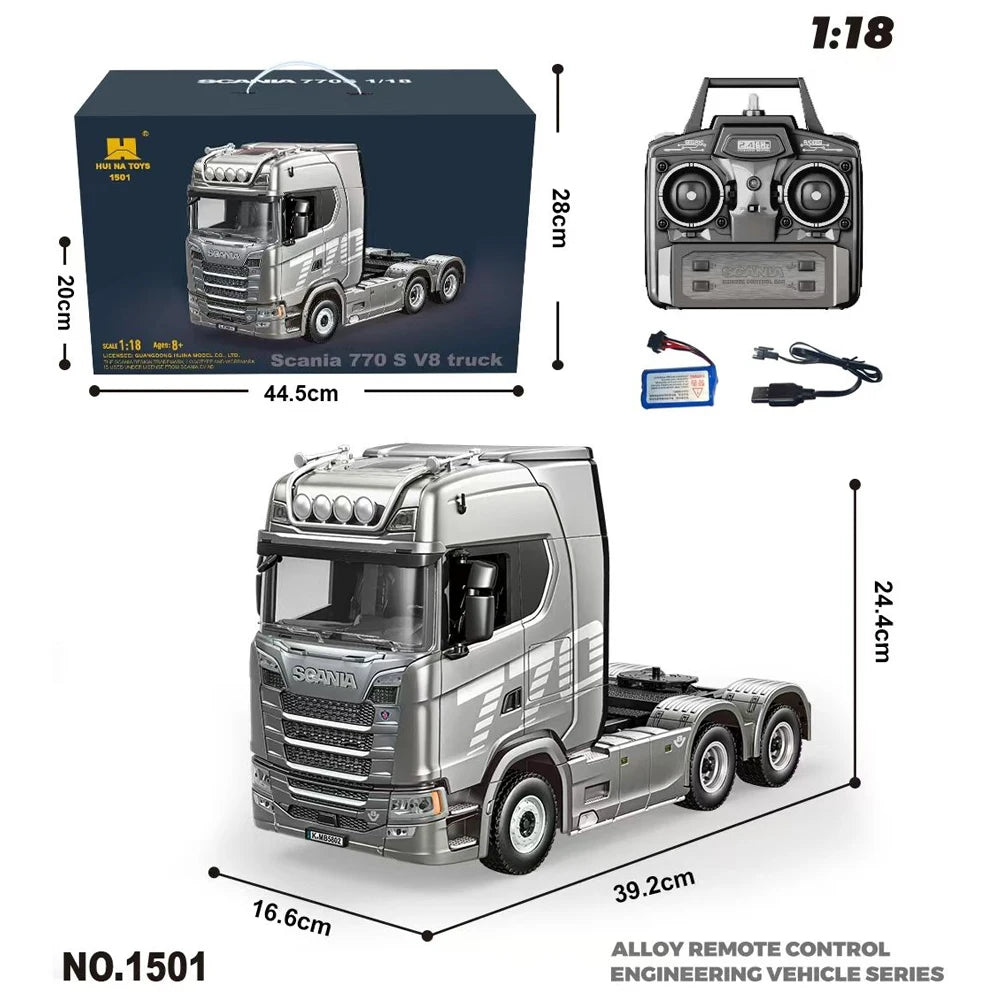 HUINA 1501 770S Alloy Tractor 19CH RC Truck 1/18 2.4G remote control Engineering Trailer Truck with Light and Sound Toys
