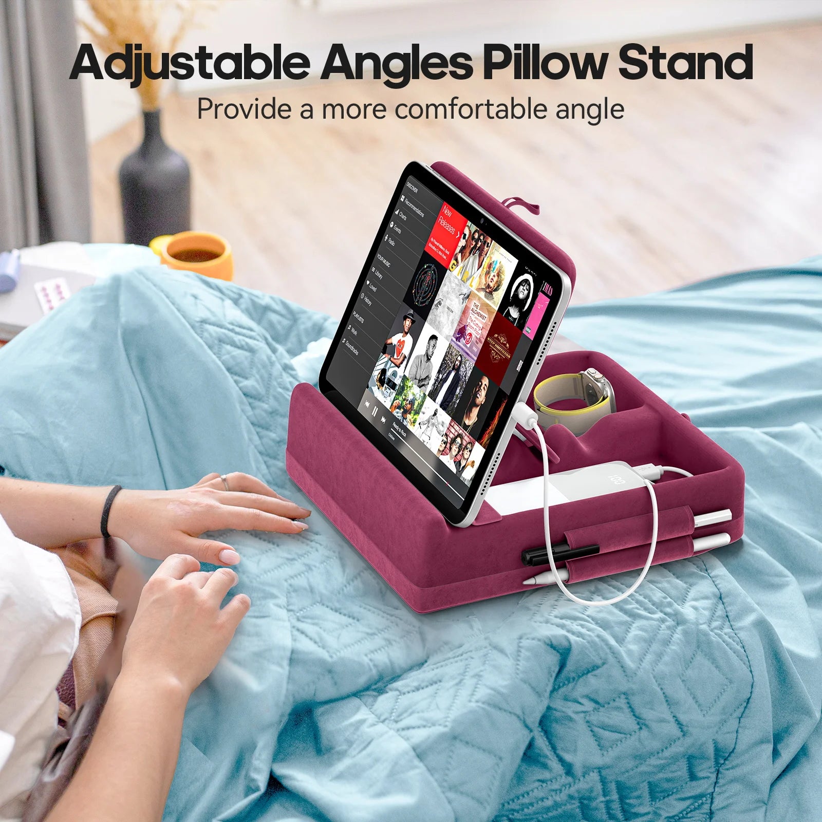 Tablet Pillow Stand with Storage Foldable iPad Holder for Bed & Lap and Desk Angle Adjustable Soft Pad Dock with Stylus Mount