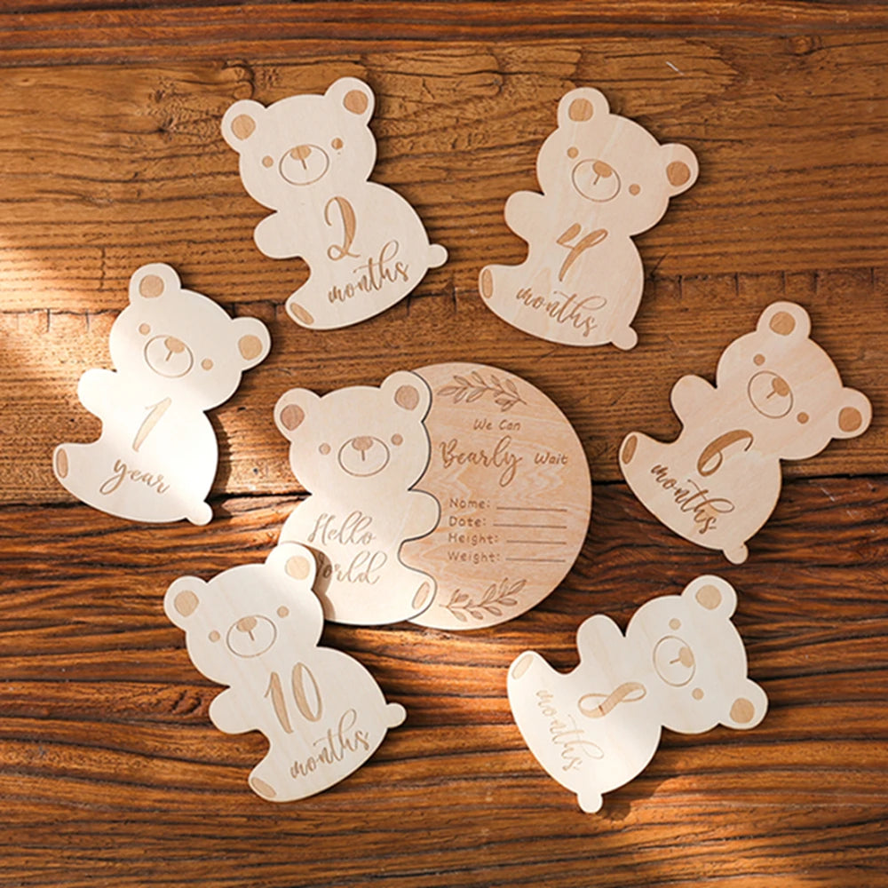 Baby Wooden Milestone Cards Bear Puzzles Memorial Monthly Cards for 0 12 Months Newborn Photography Accessories Birthing Gift