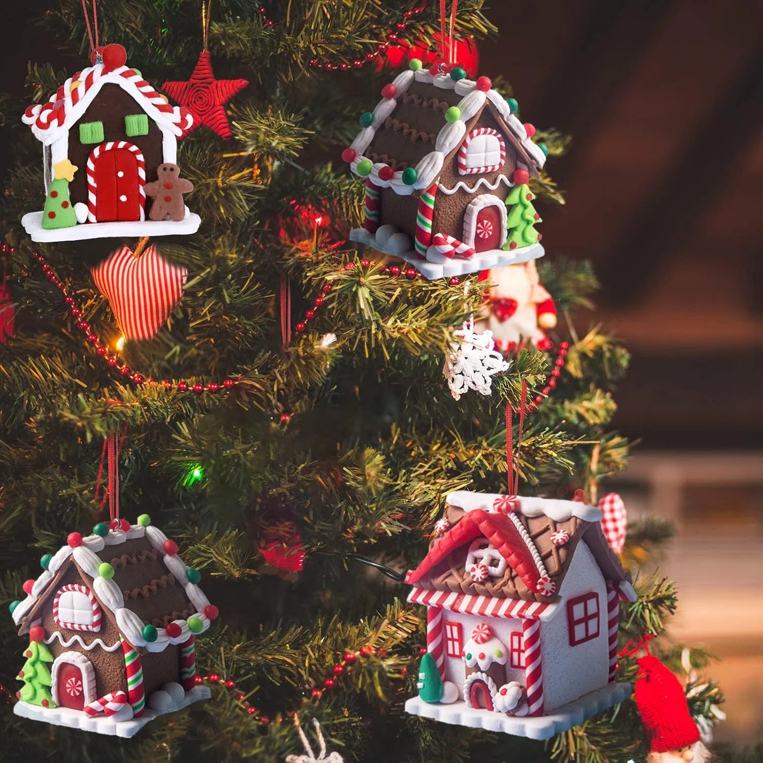 5pcs House Ornaments Holiday Christmas Tree Ornament Set Gingerbread Christmas Decor with Rope Gingerbread House Decor