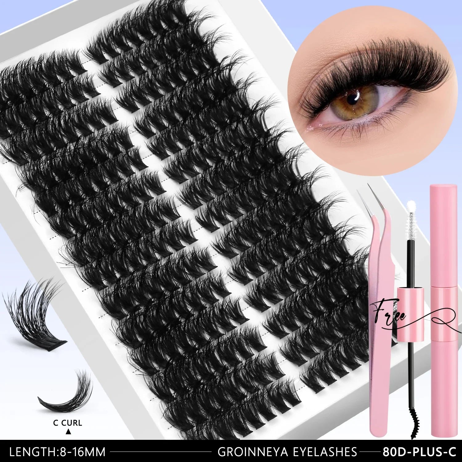 GROINNEYA DIY Eyelashes Lashes Clusters Kit Mix Wispy Individual Lashes Extensions Clusters Lashes Lash Bond & Seal Makeup
