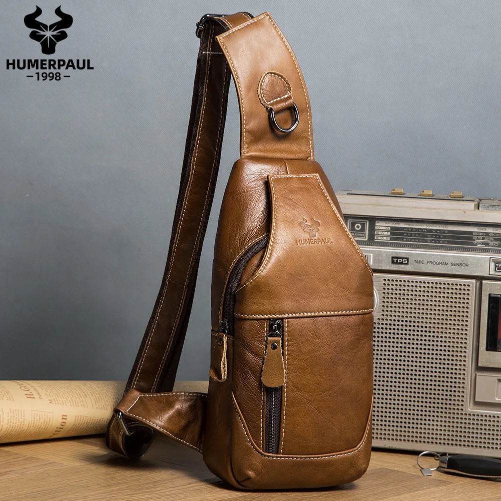 HUMERPAUL New Men's Chest Bag Crossbody Pack Genuine Leather Large Capacity Casual Messenger Bag Retro Men Handbag Shoulder Bag
