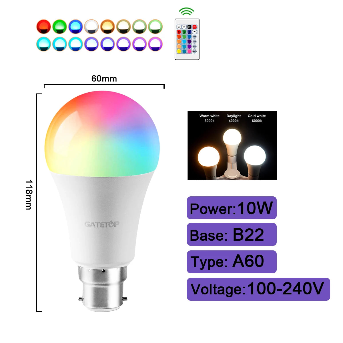 1-10PCS Smart RGBW LED Bulb Spotlight E27 E14 B22 GU10 with Infrared Remote Control Suitable for Colorful Home Lighting
