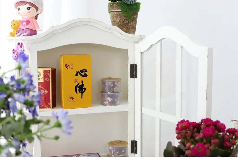 ‌Rustic Farmhouse Display Cabinet with Glass Doors Distressed White Solid Wood Storage Organizer for Kitchen/Office Vintage