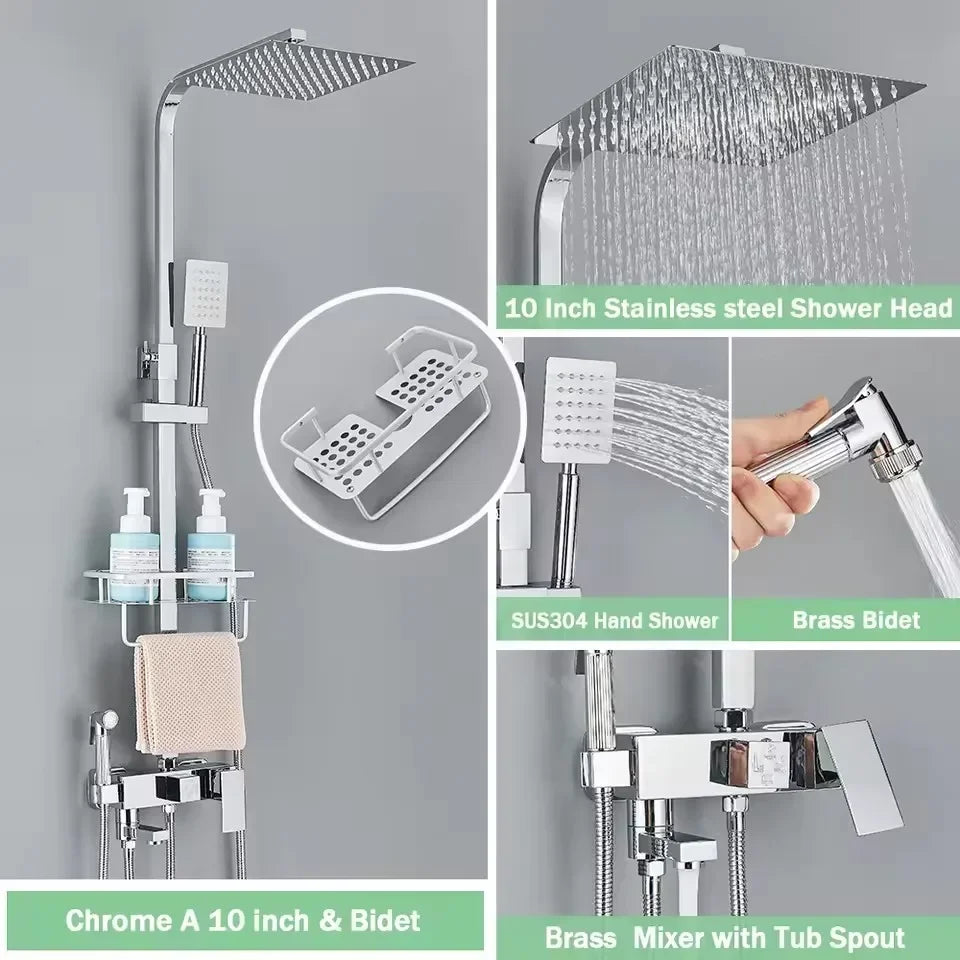 Black Gold Bathroom Shower System Brass Hot Cold Bathroom Faucets Set Accessories 10 Inch Stainless Steel Rain Shower Head