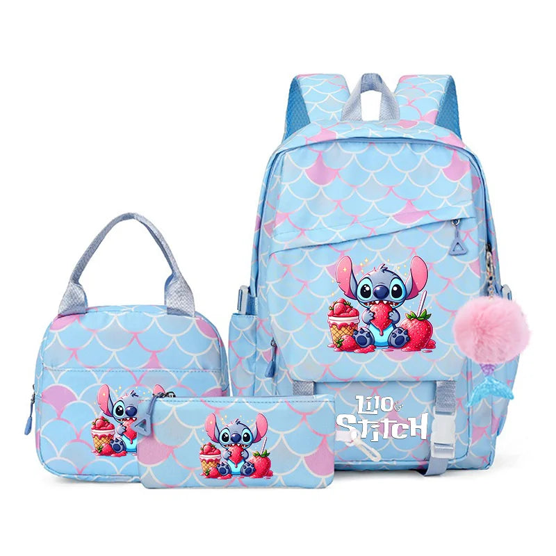 3Pcs Backpack Set Lilo Stitch Girl Kid Student Schoolbags Double Shoulder Bag Travel Pen Lunch Bag Kawaii Bookbag Laptop Bag Set
