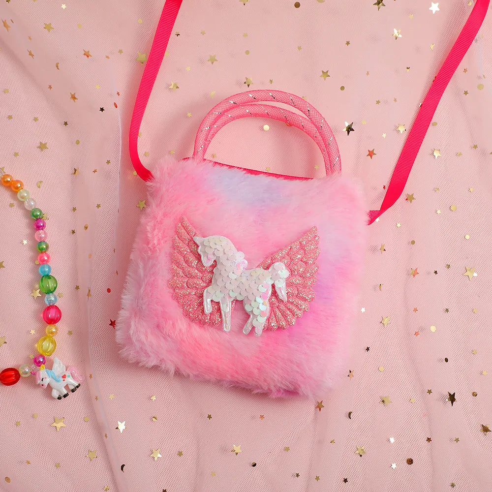 1 Piece Cute Furry Cartoon Kids Shoulder Bag for Girl Plush Shiny Cartoon Unicorn Crossbody Bag Baby Small Stuff Storage Bag