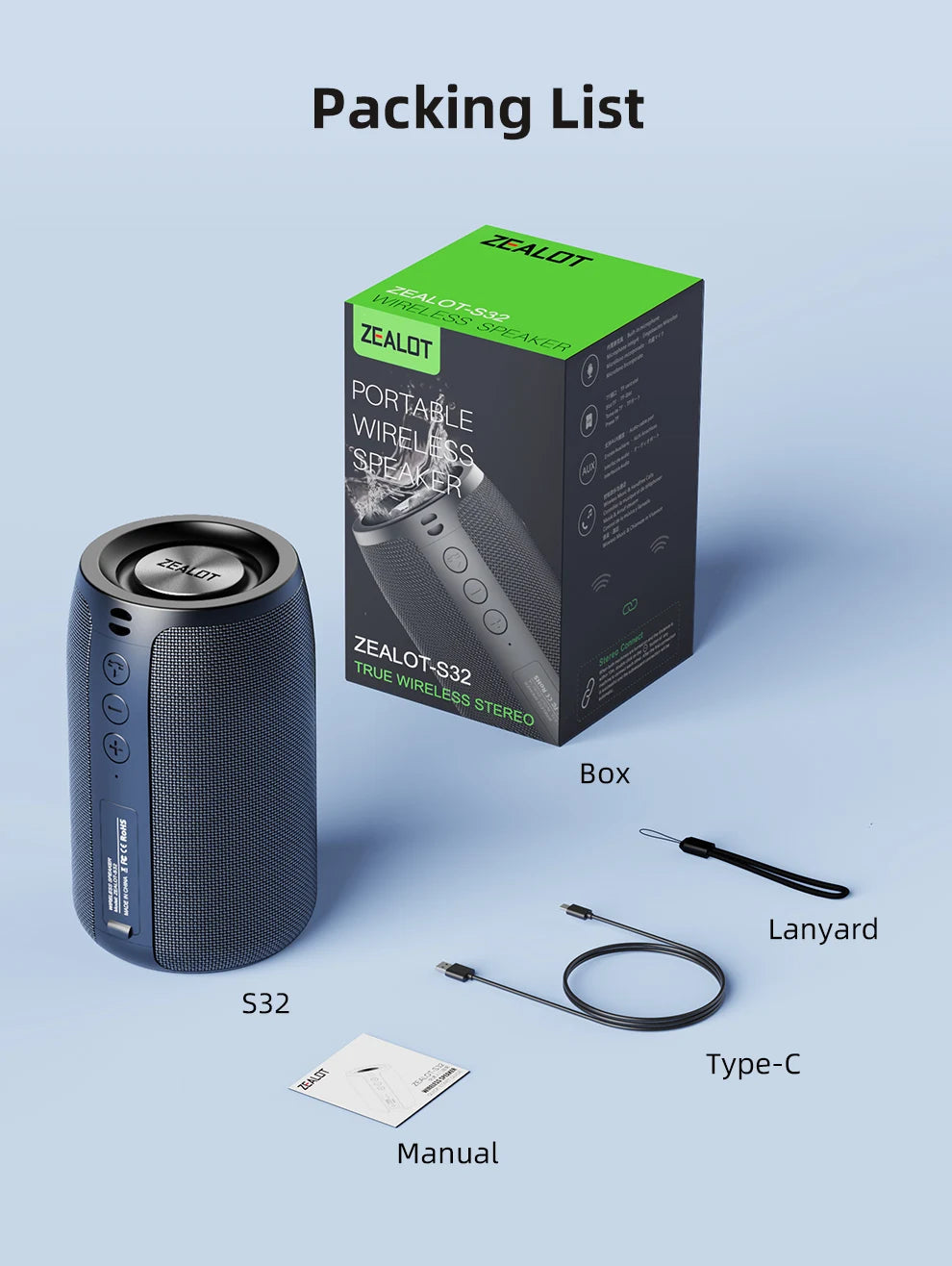 ZEALOT-S32 Mini Portable Bluetooth Speaker HIFI Subwoofer Wireless Speaker with fm Radio Column Support TF, TWS, USB