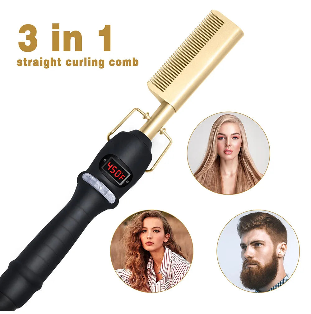 Hot Comb Straightener for Wigs and African Hair Flat Irons Fast Heating Straightening Brush Straight & Curler Roller Styler Tool