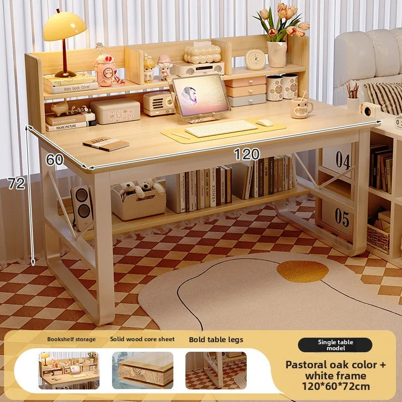Solid Wood Computer Desk Household Desk Bookshelf Integrated Student Learning Desk Rental House Simple Office Table and Chair