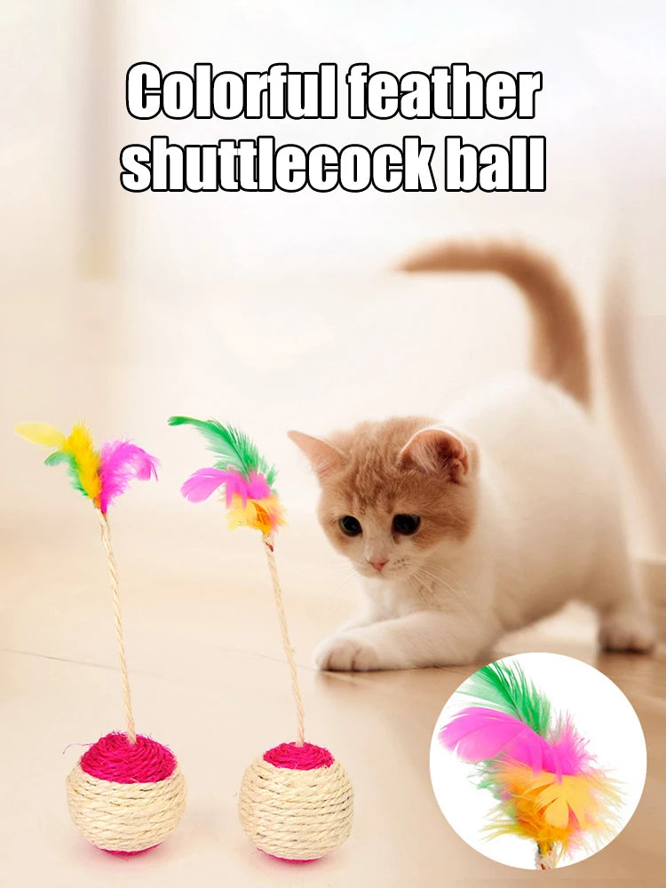 1PC Pet Cat Toy Colorful Feather Blanket Ball Grinding Claw Interactive Play Ball Cat Toy Sisal Shuttlecock Ball