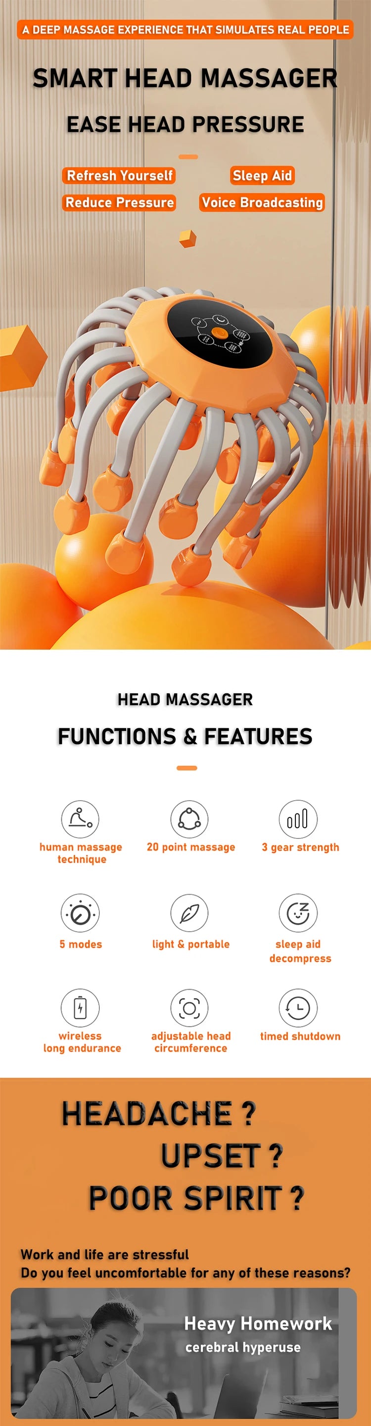 New Vibration Rechargeable Full Head Massager Spider Sleep Aid Electric Head Massage Machine Relieve Fatigu Relax Health Care