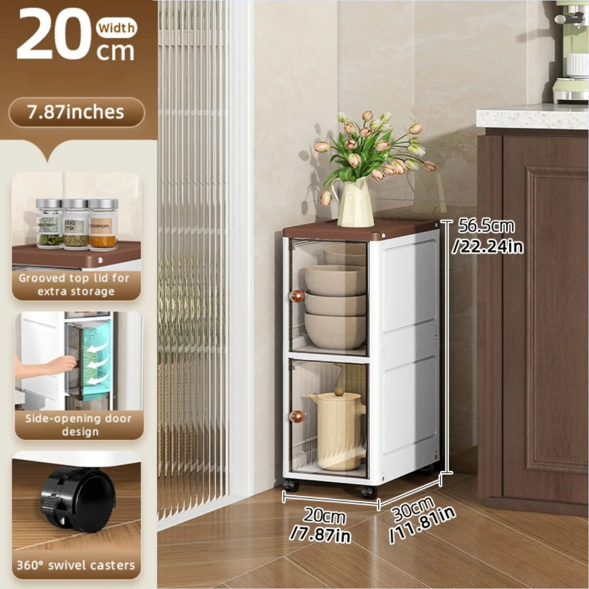 The transparent storage cabinet with wheels in the gap saves space in the kitchen and living room for storing snacks