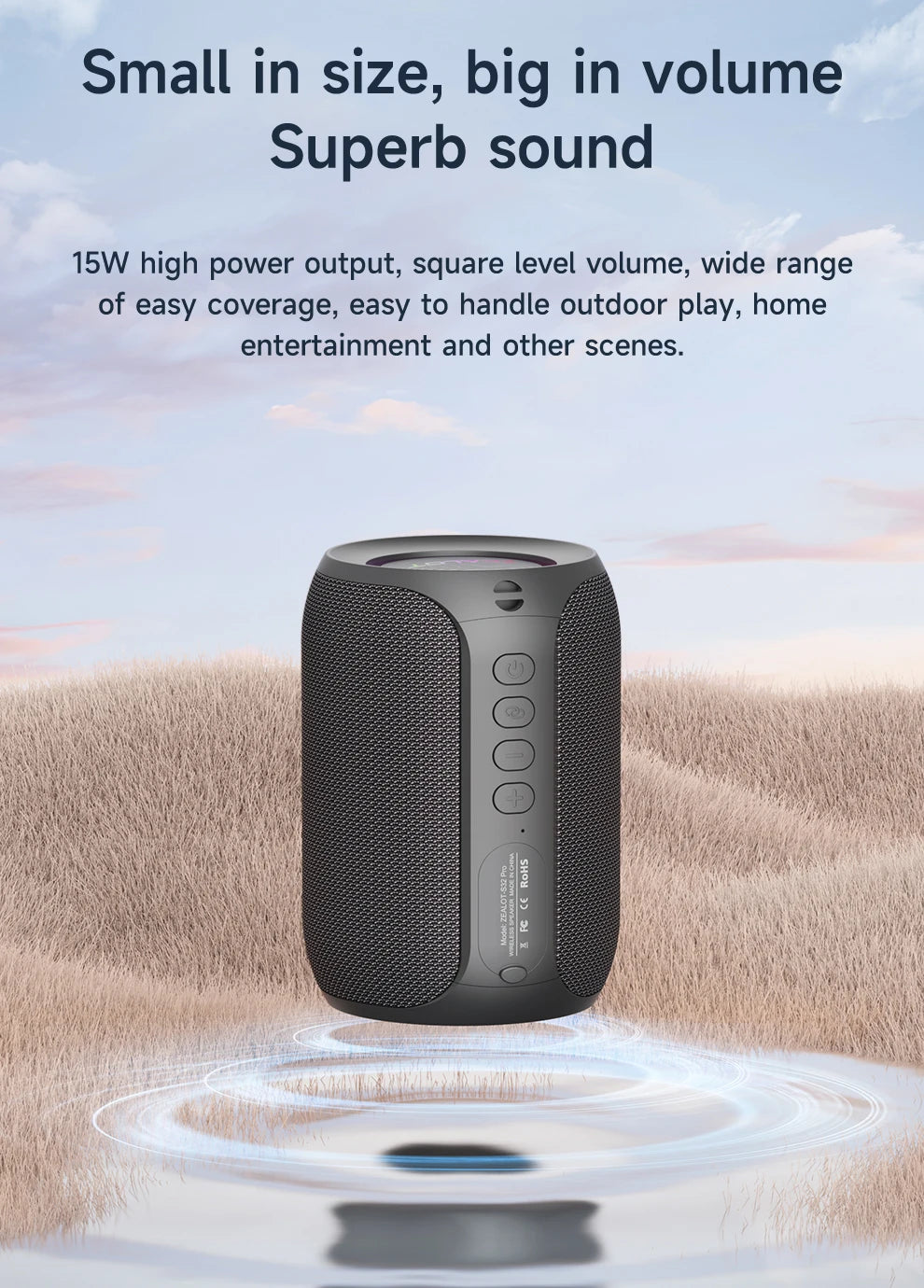 ZEALOT-S32PRO 15W Portable Bluetooth 5.2 Speaker Outdoor Waterproof Wireless TWS Mini Column Box Speaker Outdoor TF Card