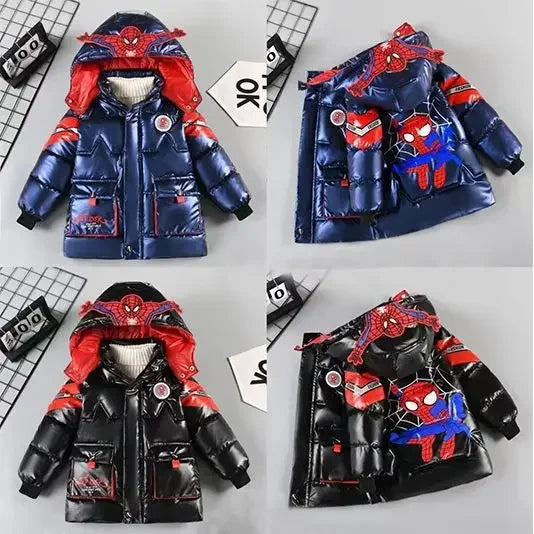 2025 Winter Kids Down Jacket Baby Boy Cartoon Spiderman Thicken Cotton-Padded Warm Hooded Parka Coat Children Clothing Outerwear