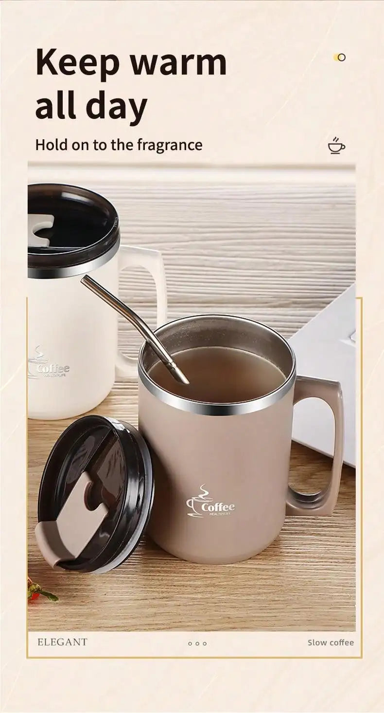 450ML Thermos Mug 304 Stainless Steel Double Wall Insulated Milk Coffee Cup With Handle & Lid Leak-proof Drinking Cup Drinkware