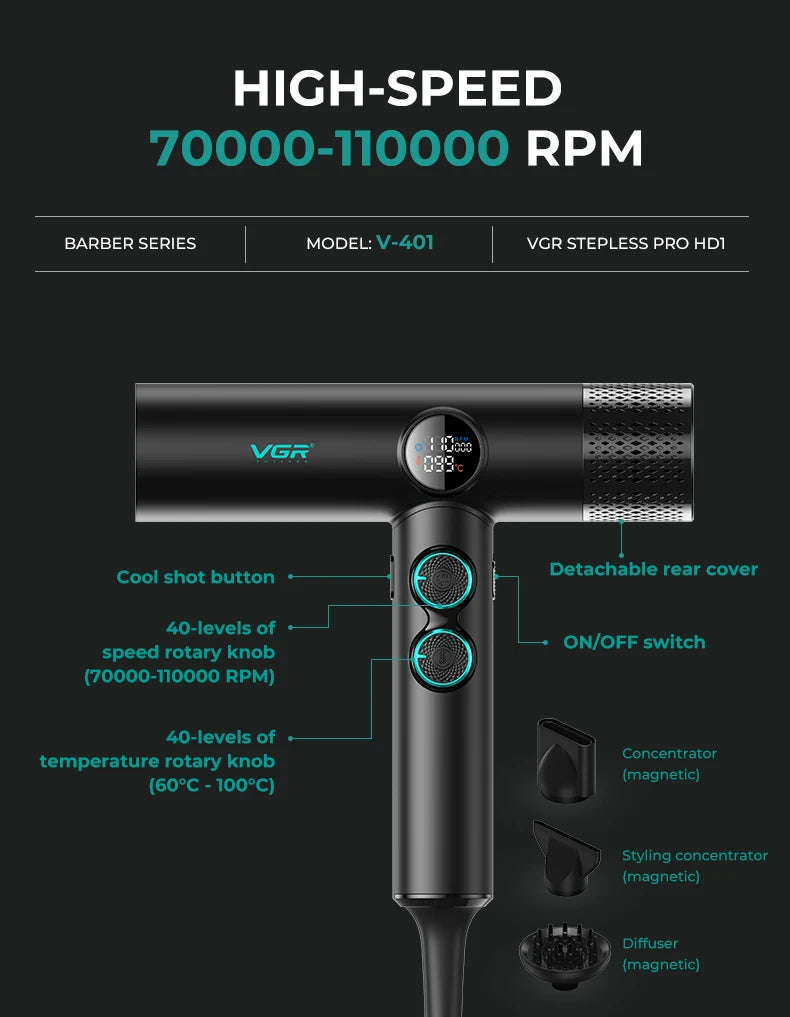 VGR Hair Dryers Professional Air Blower Negative Ion Hair Dryer 110000 RPM Hair Dryer Machine BLDC Motor Barber Salon V-401