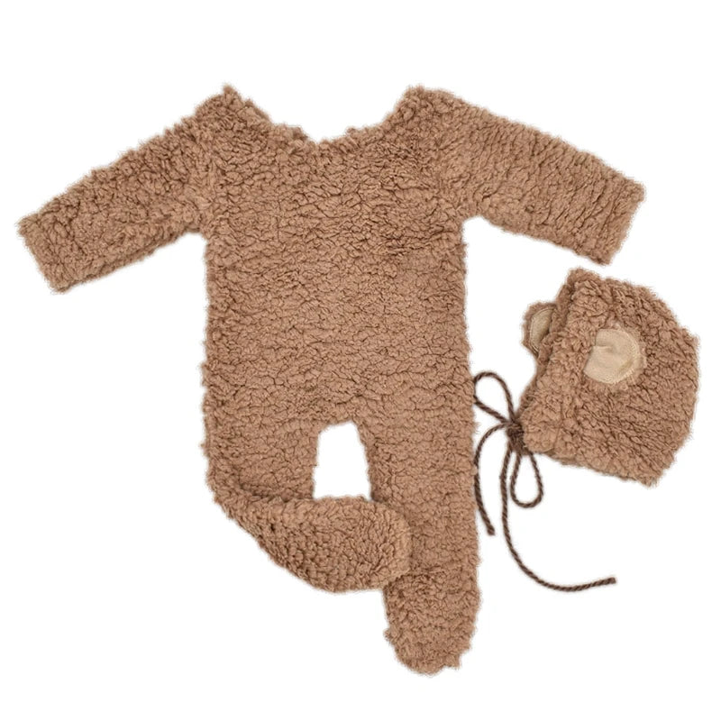 2Pcs Photography Props for Baby Boy Girls Unisex Jumpsuit Bear Ear Hat Footed Romper Newborn Photoshooting Accessories