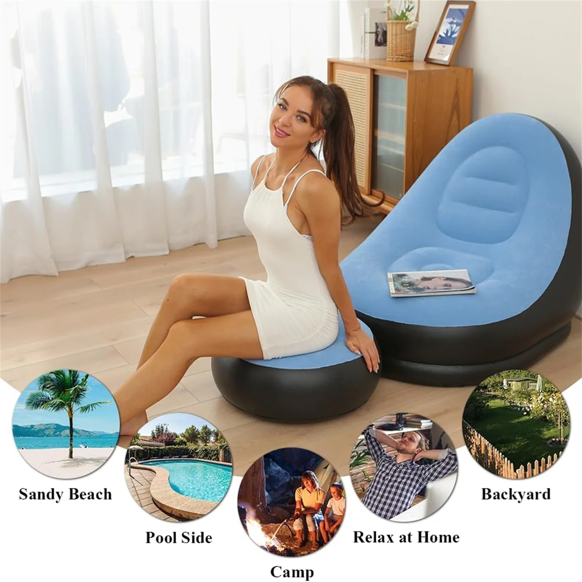 Lazy Sofa Inflatable Chair Folding Recliner (Sofa + Footrest) Outdoor Sofa Bed with Footrest Indoor and Outdoor Portable Folding Air Mattress Nap Leisure Chair Set