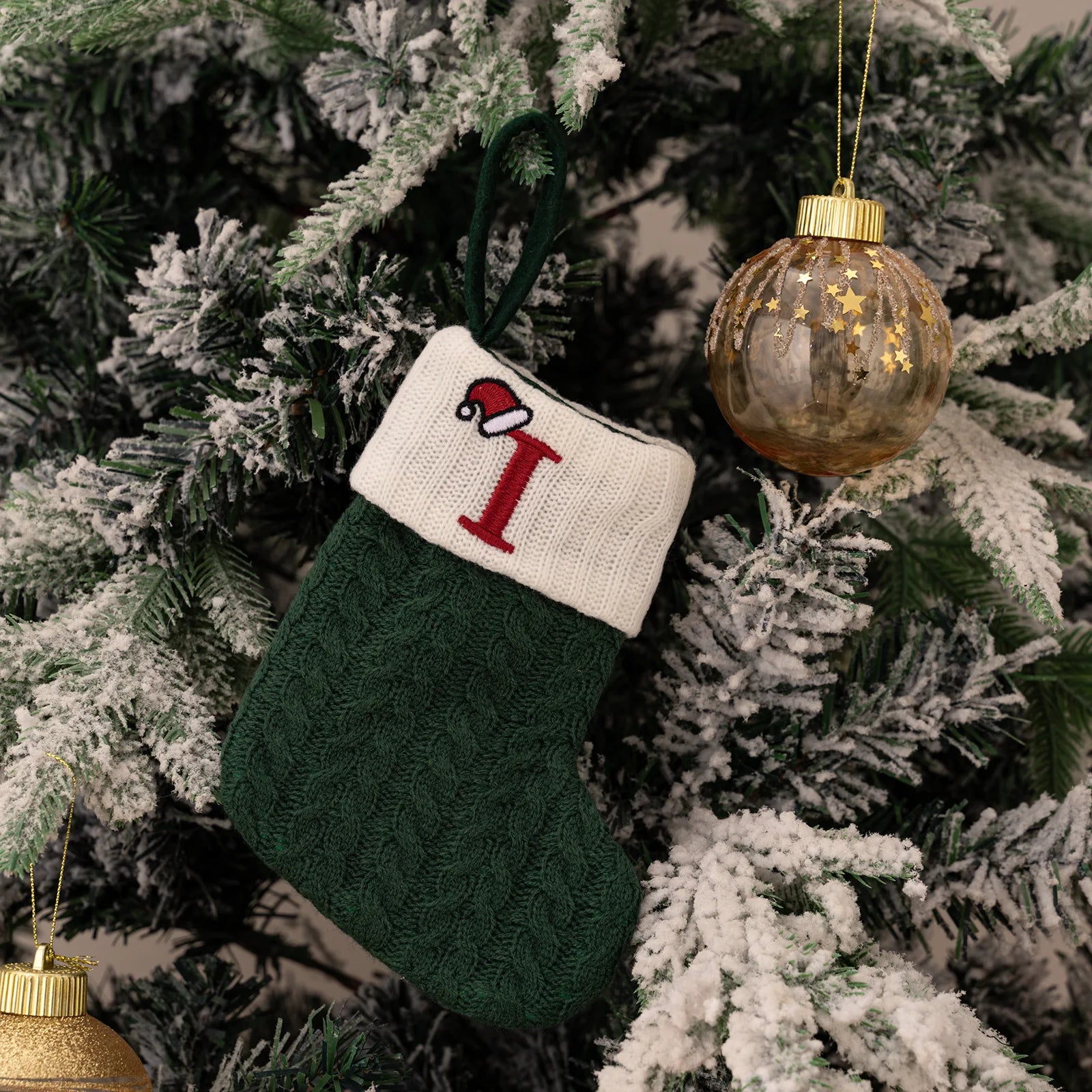 Green A-Z Letter Hanging Christmas Stockings Monogram Knitted Socks Fireplace Christmas Tree Hanging Party Decoration