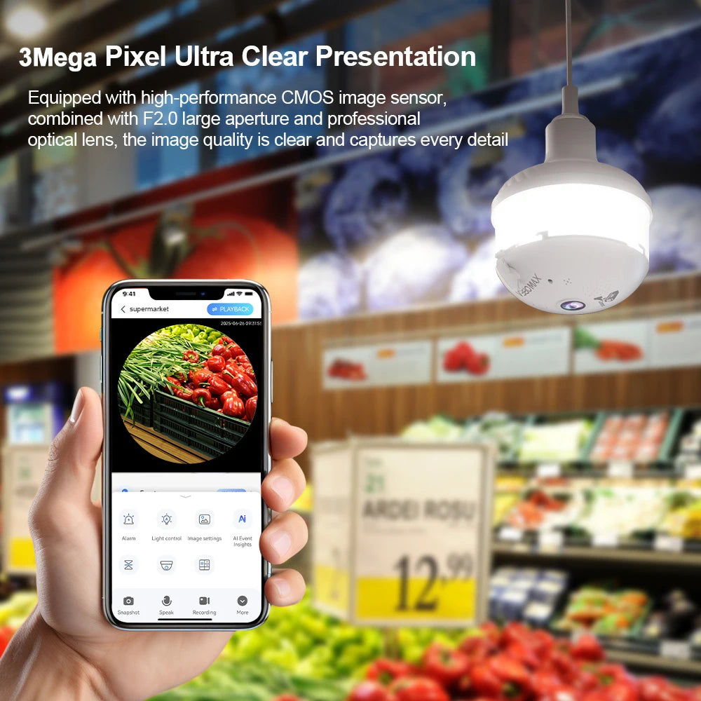 V380 PRO App 360 Panoramic View Bulb 3MP Camera Night Vision WiFi CCTV Fisheye Len Flood Light Camera