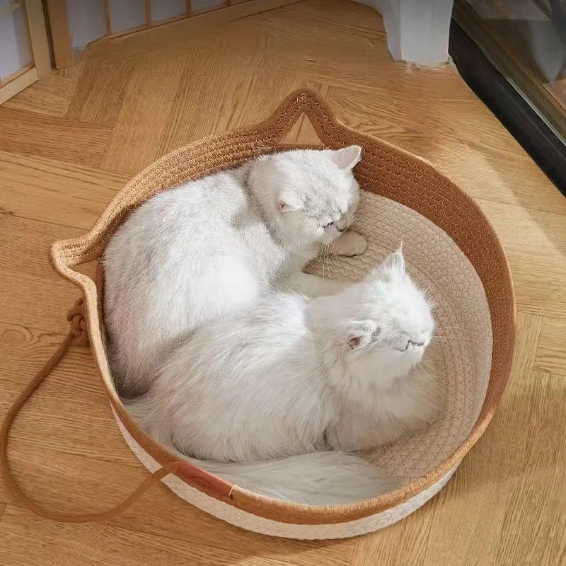 Japanese Pet Cat Bed Round Hand Woven Rattan Cat Beds Summer Cooling Kitten Basket Cotton Rope Cat Scratching Baskets