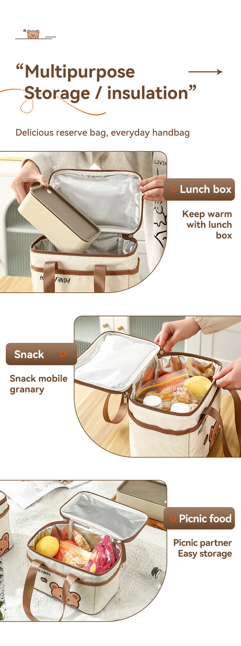 WORTHBUY Cute Thermal Lunch Box Bag Student Portable Large Capacity Insulated Lunch Bag Waterproof Reusable Picnic Cooler Bag