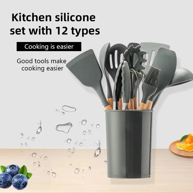 12pcs/set, Silicone Cooking Utensils Set With Wooden Handle, Colorful Non-stick Pot Special Cooking Tools Set, Heat Resistant