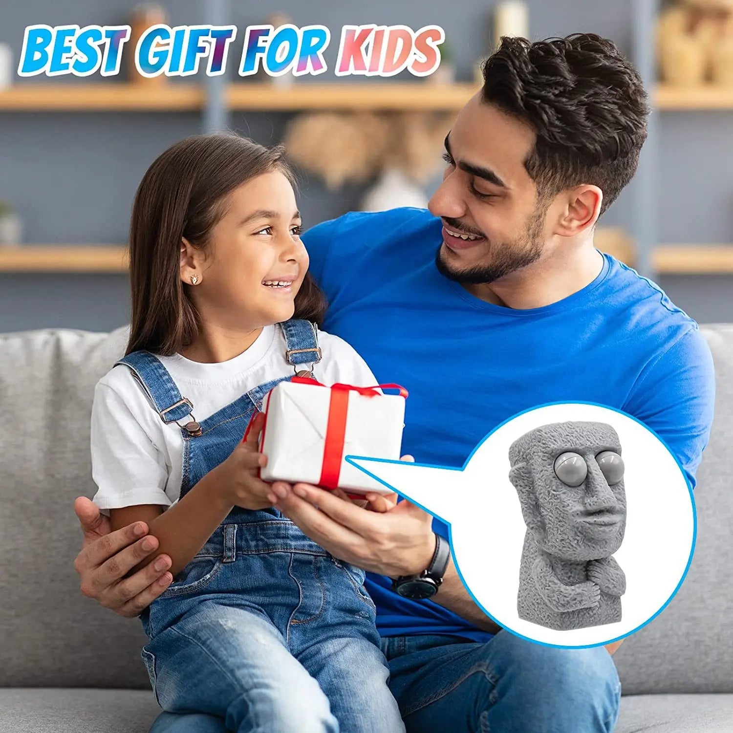 Stone man releases stress toy slowly rebounds soft Moai statue squeeze eyes interested expression relaxes stress children's gift