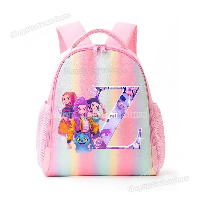 Anime K-pop Demon Hunters Letter A-Z Print Kids Backpack Girls Lightweight Casual School Back Pack Rainbow Color Mochilas Gifts