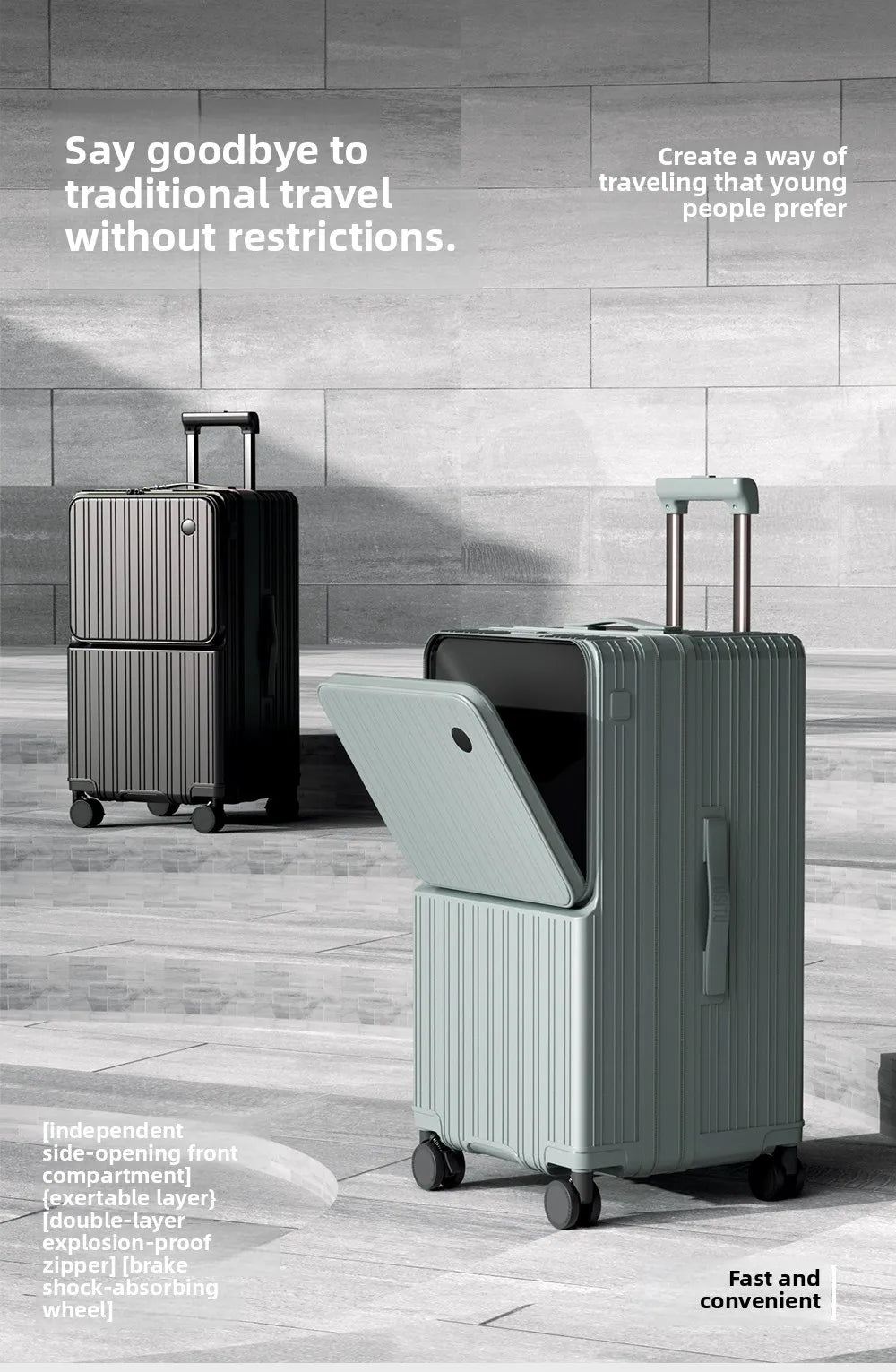 KLQDZMS Cabin Suitcase 20"22"24"26"28"30 Inch Large Capacity Trolley Case USB Charging Boarding Box Front Opening Luggage