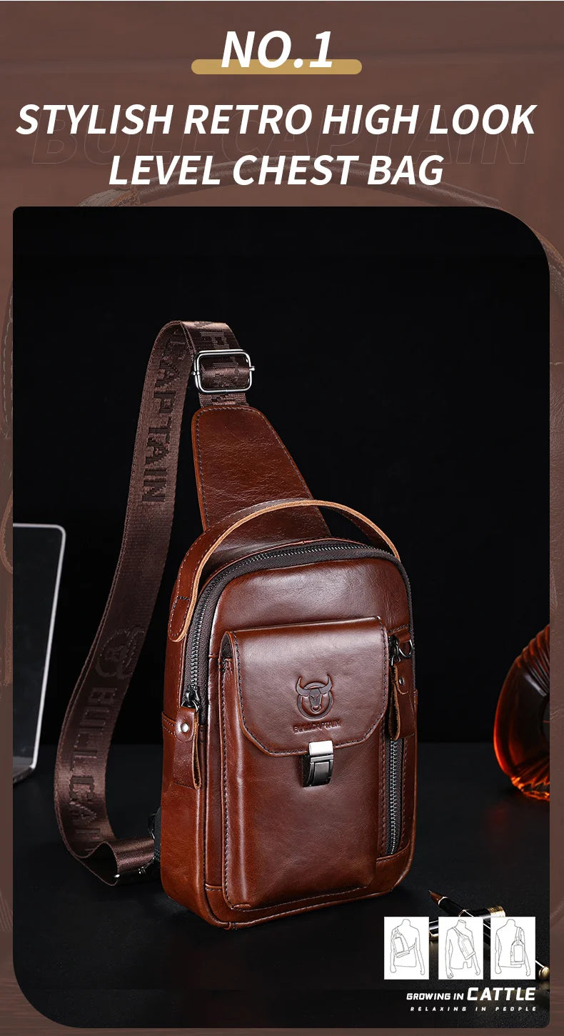 BULLCAPTAIN Men's Genuine Leather Chest Bag Casual Retro 7.9-inch Mobile Phone Bag Multifunctional Anti-Theft Crossbody Bag