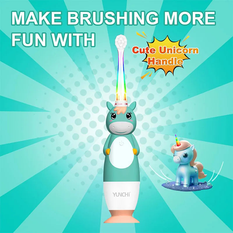 Toddler Sonic Electric Toothbrush for Baby with Cute Unicorn Cover and Smart LED Timer Soft Microfiber Bristles 4 Brush Heads